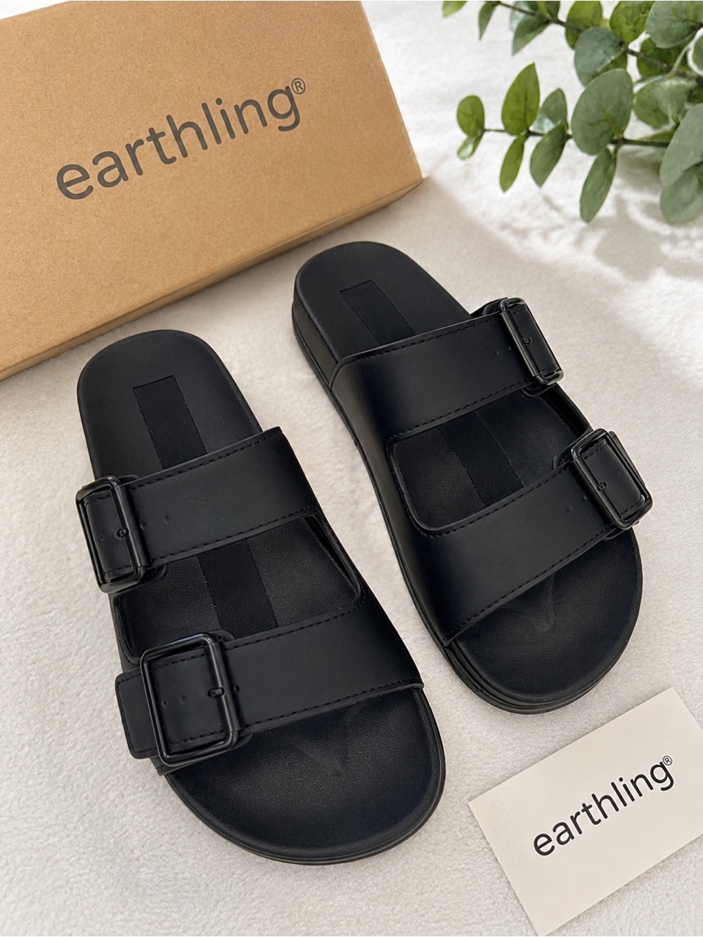Earthling Black Slide Sandals with Double Straps